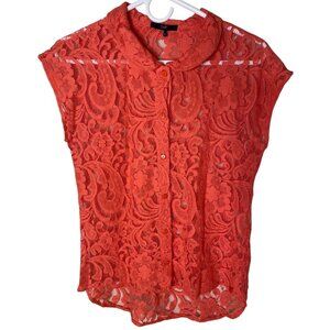 Tart M Coral Lace Button-Front Blouse Sheer Cap Sleeve Romantic Boho